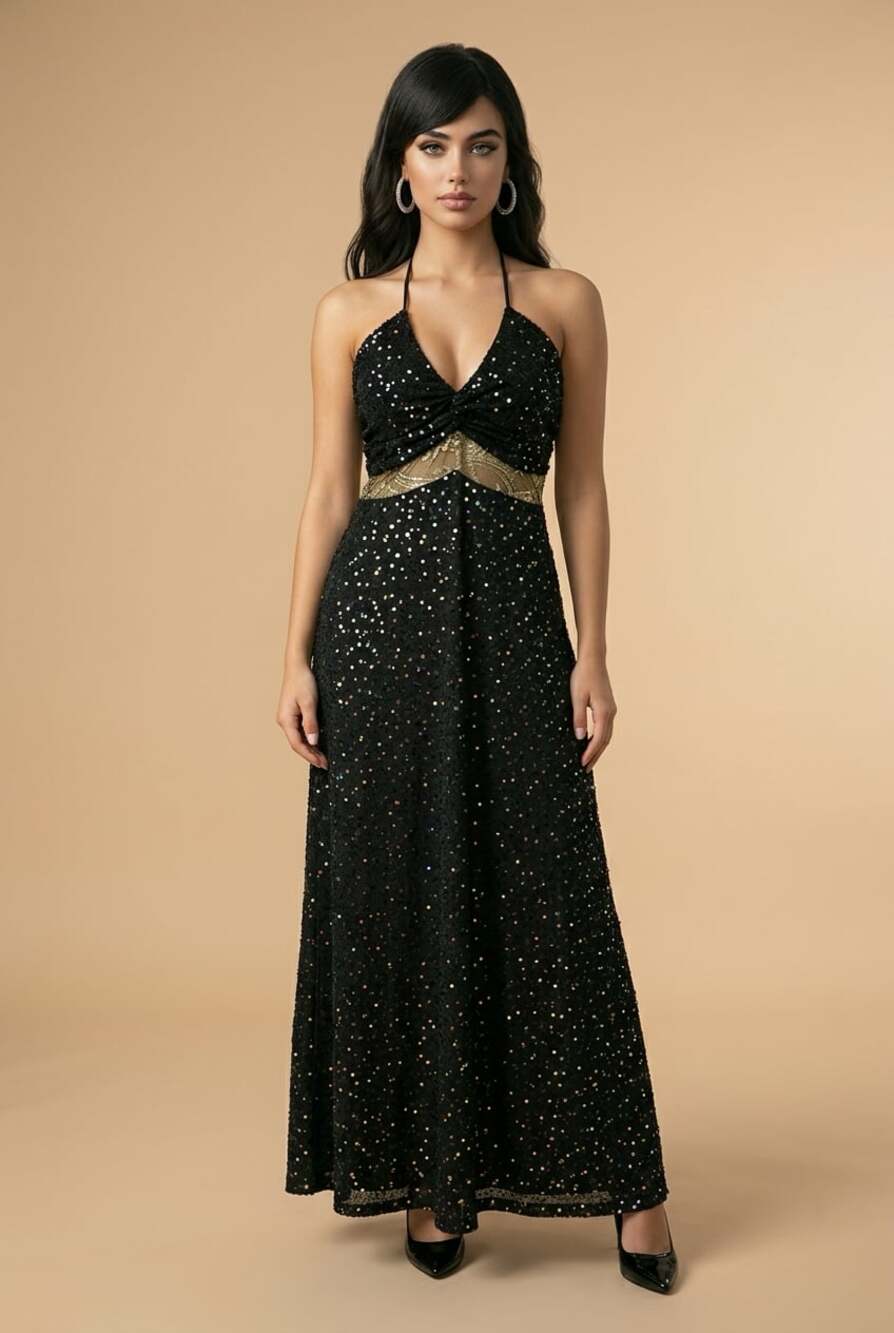 En Focus Studio Black Sequin Halter Maxi Dress with Gold Waist Detail Size 14